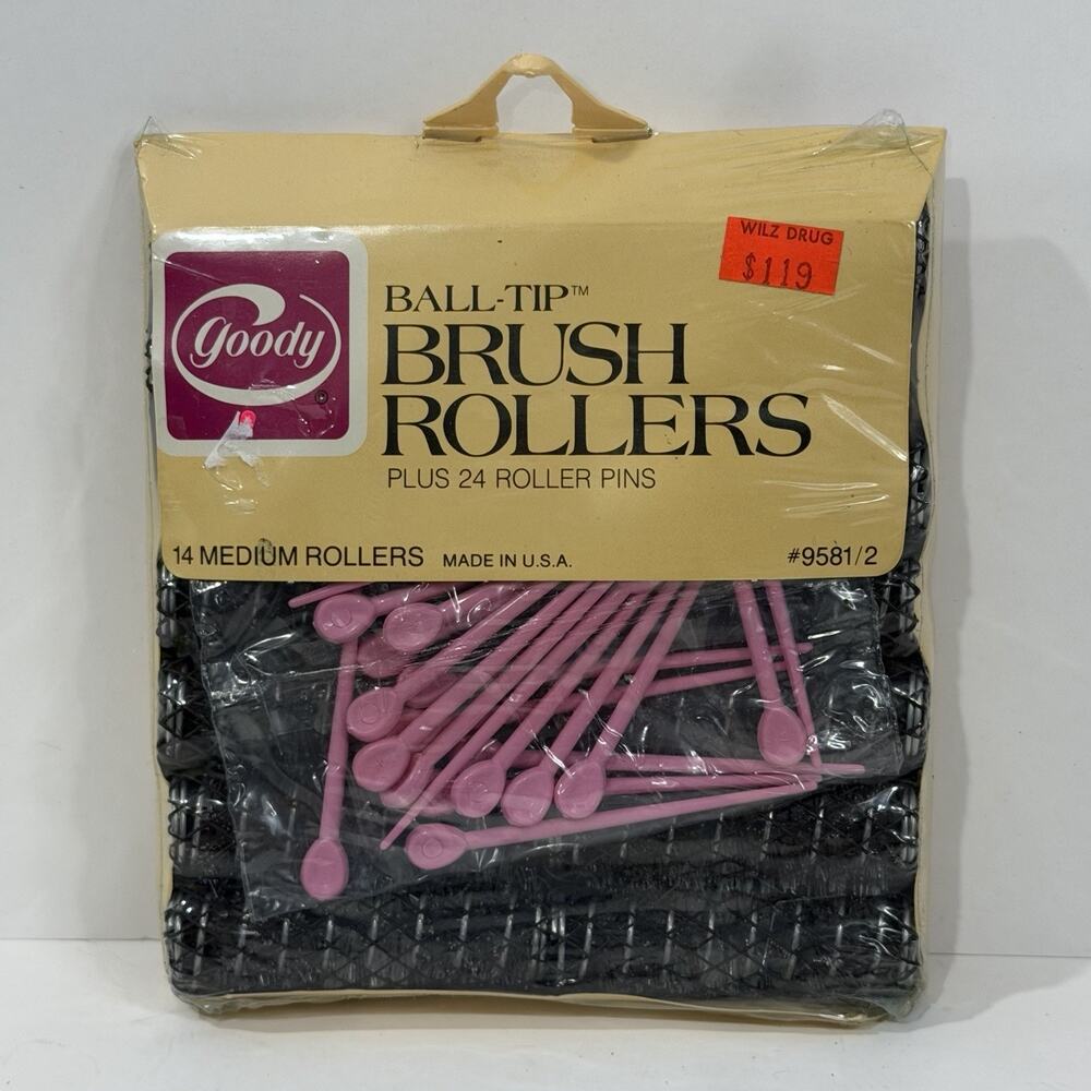 Vintage Goody Ball Tip Brush Hair Rollers 14 Medium 24 Pins Made USA NOS